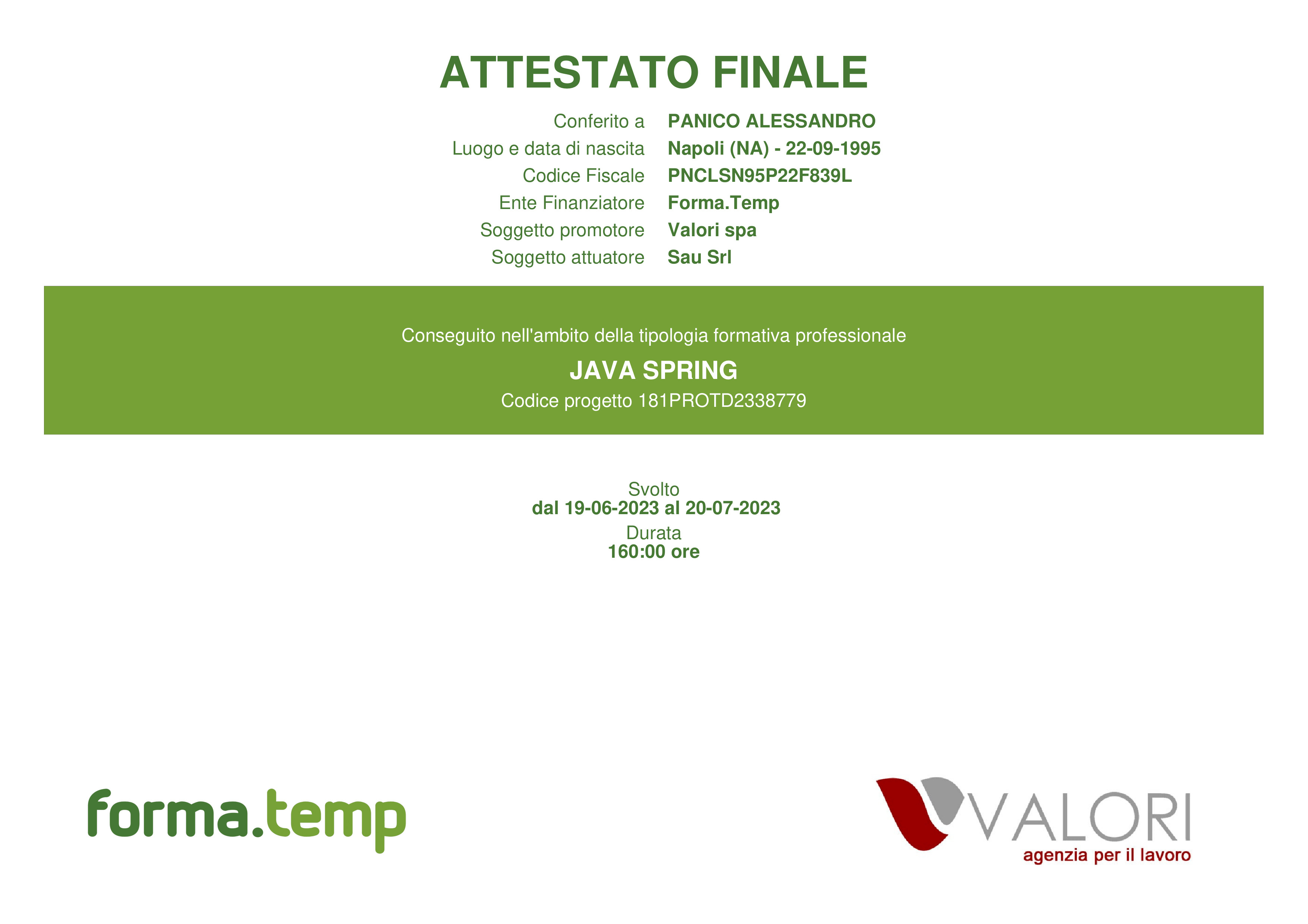 Attestato Spring